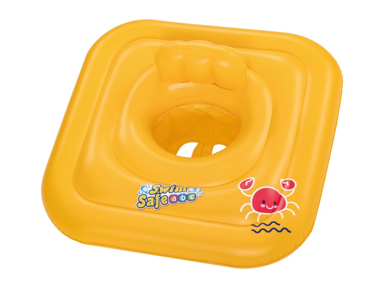 Yellow inflatable baby swim seat with a crab illustration and 'Swim Safe ABC' text.
