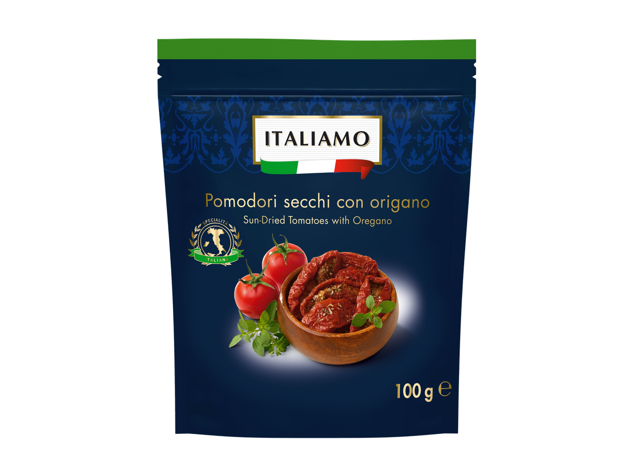 Italiamo zongedroogde tomaten met oregano.