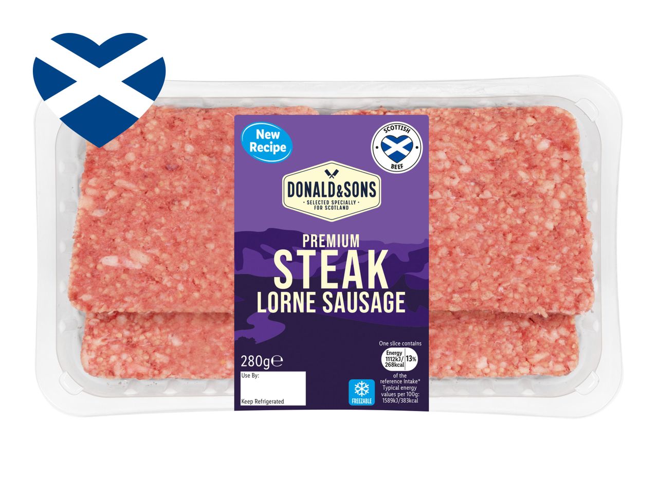 Donald & Sons premium steak Lorne sausage, Scottish beef.