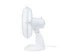 White electric table fan with a protective grille and a control knob on the base.
