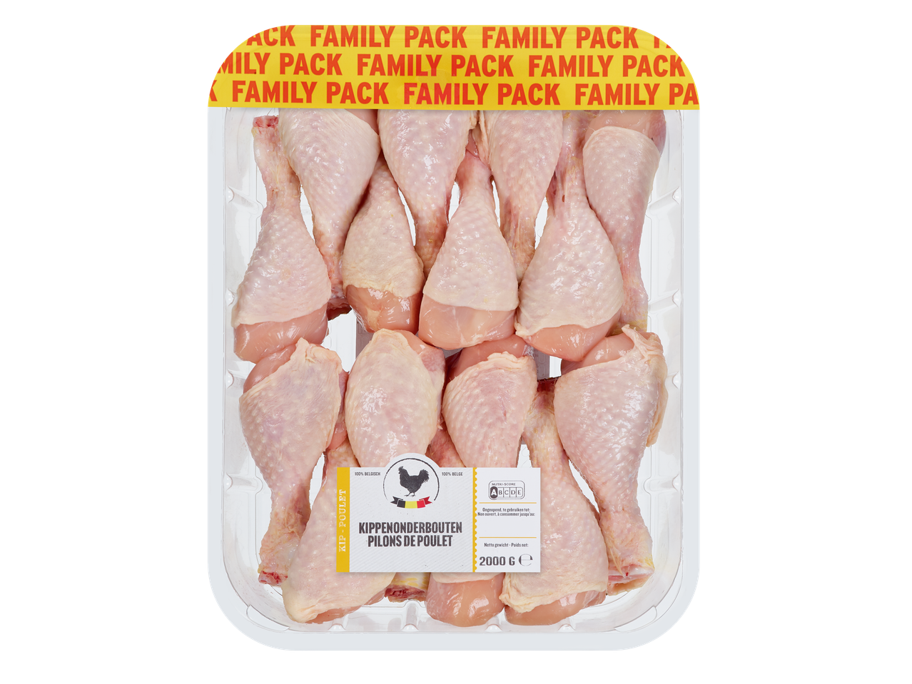 Paquet familial de pilons de poulet crus dans un plateau en plastique transparent.