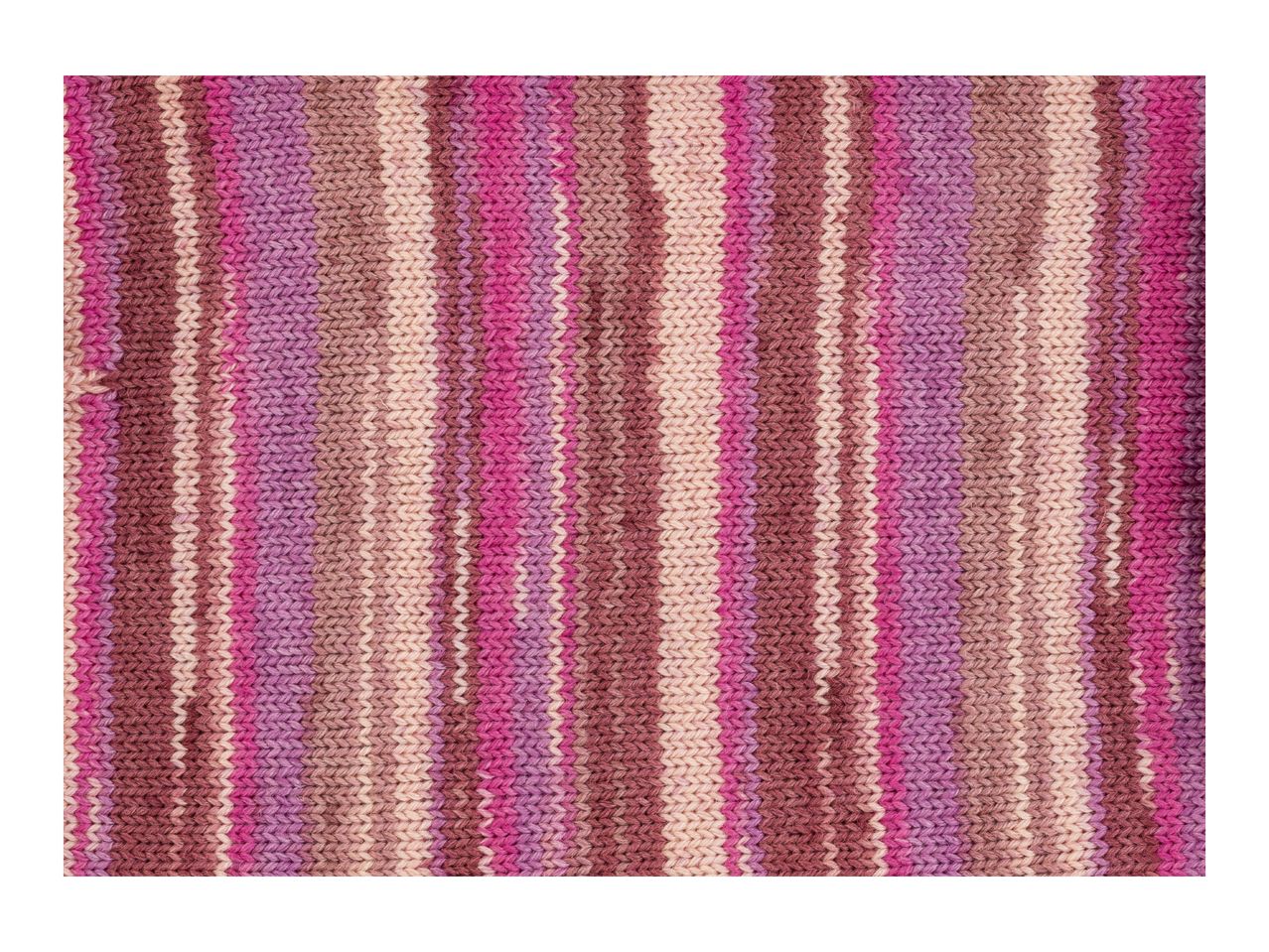 Close-up of a knitted fabric with vertical stripes in shades of pink, purple, and brown.