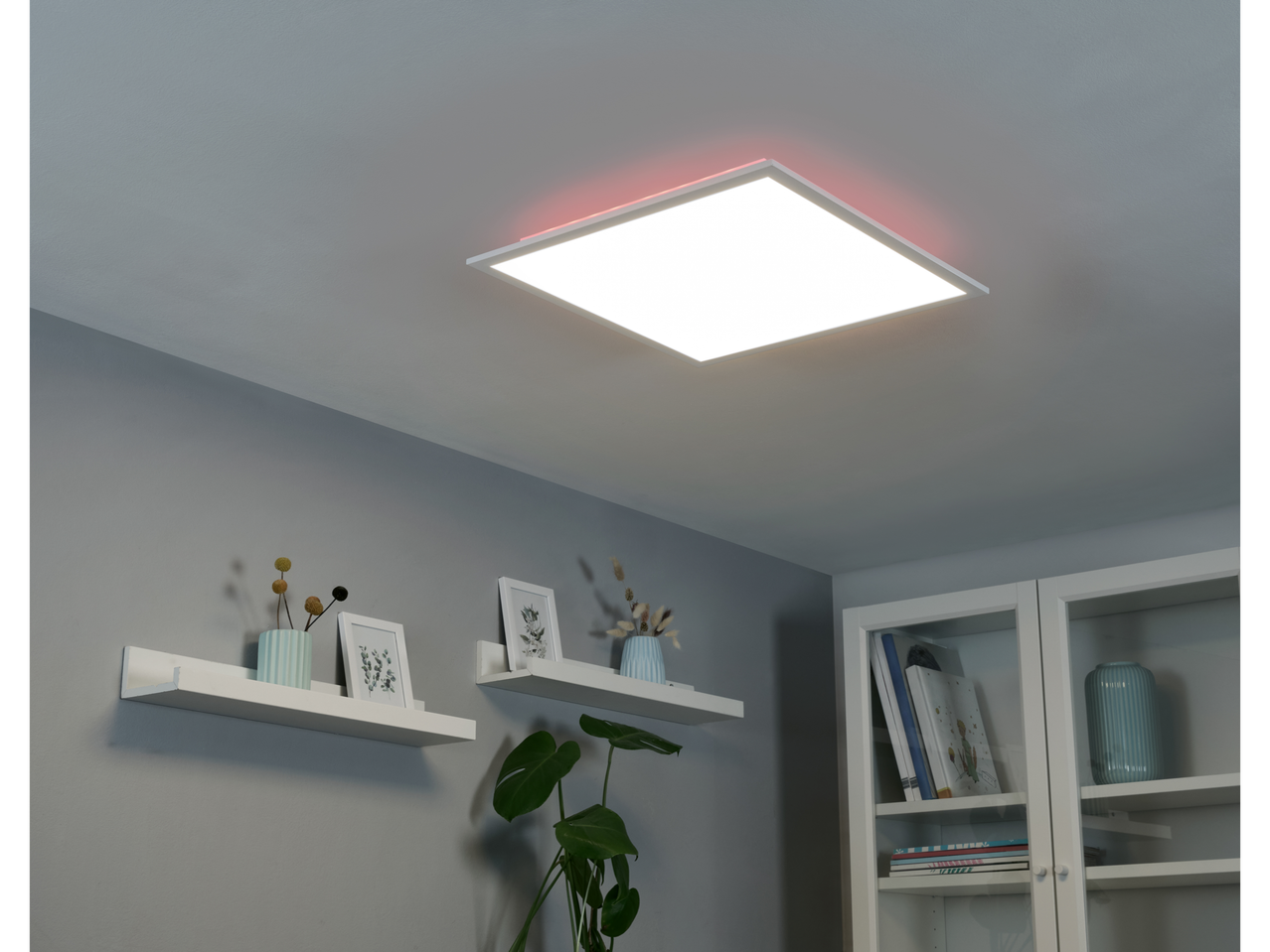 LED панел LIVARNO HOME осветява модерна стая с рафтове и декор.