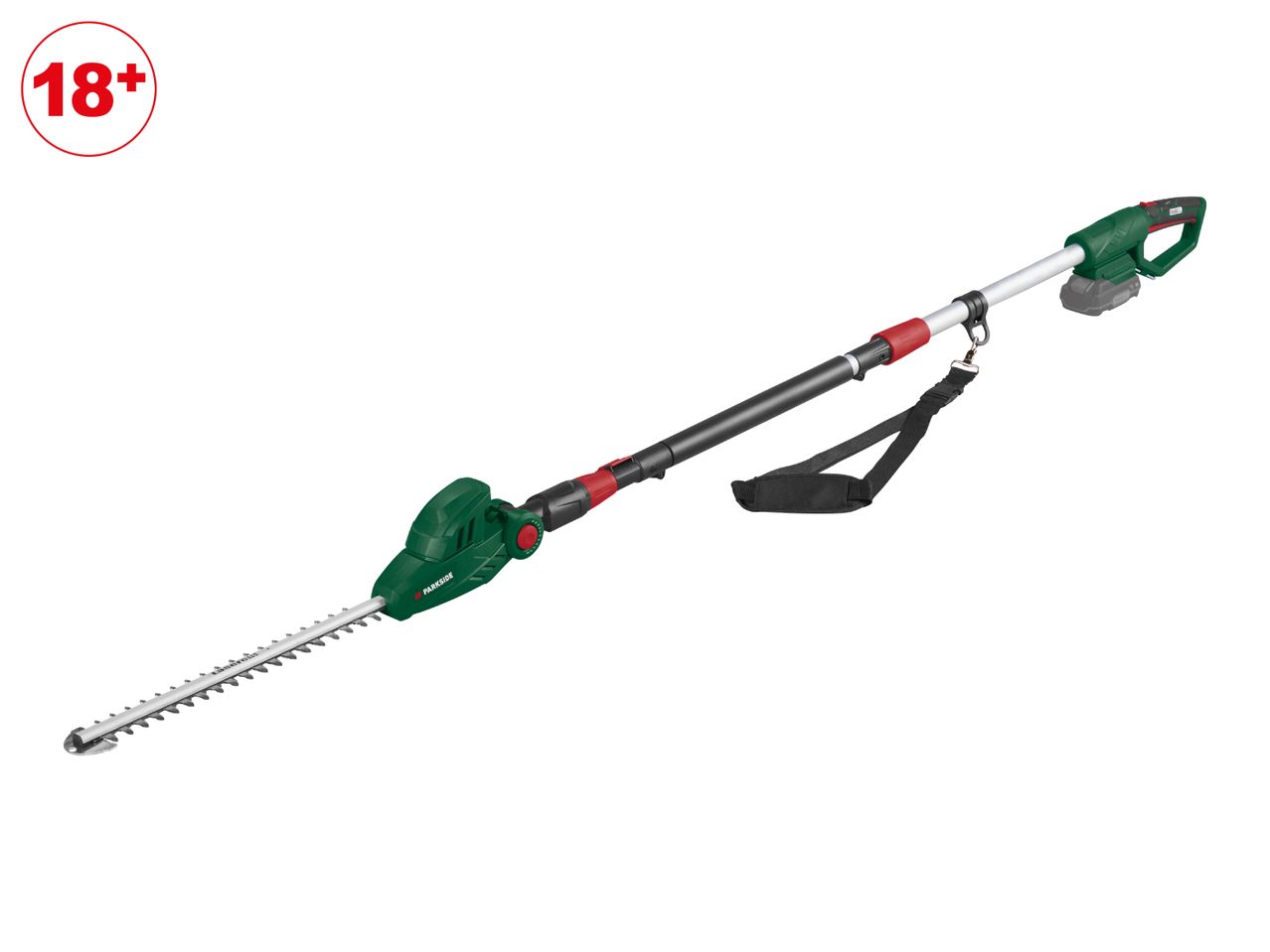 Cordless long-reach hedge trimmer with an 18+ age restriction symbol.