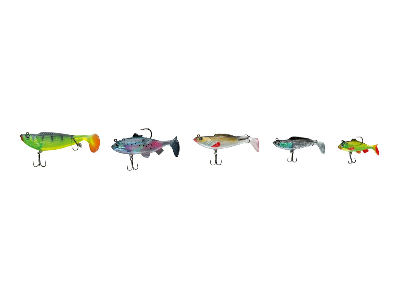 Five colorful fishing lures shaped like fish, each with hooks, arranged in a row.