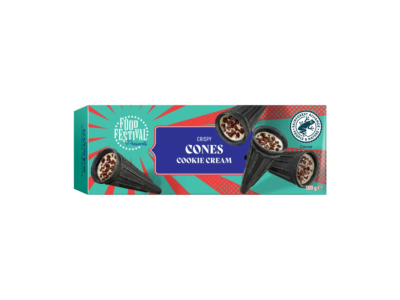 Verpakking knapperige hoorntjes met koekjescrème, versierd met koekjesstukjes, 100g.