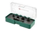 Socket wrench set with four sockets and an adapter in a green and clear plastic case.