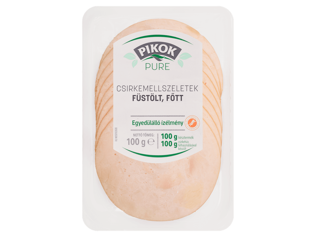 Szeletelt, füstölt, főtt csirkemell 100 g-os kiszerelésben.