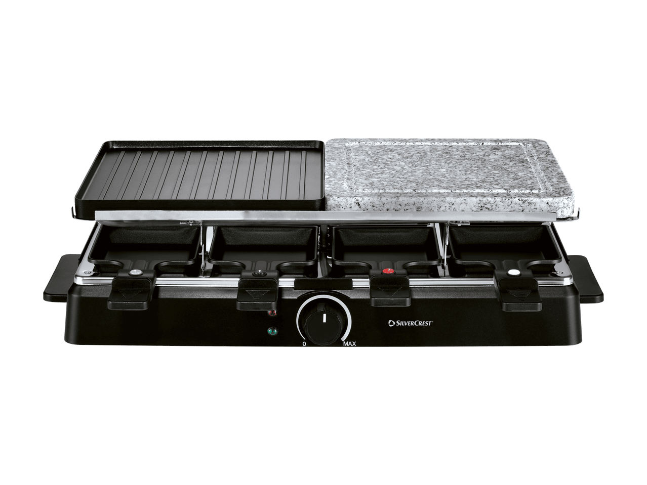 Raclette- og stenovnsgrill med otte pander og justerbar temperaturkontrol