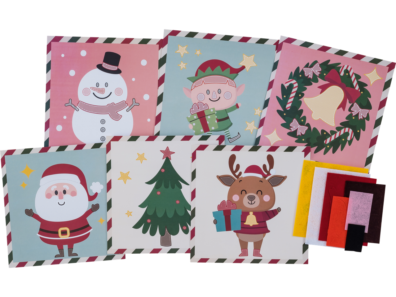 Filca vai dimanta hobija komplekts ar sešām Ziemassvētku kartītēm un rokdarbu materiāliem.