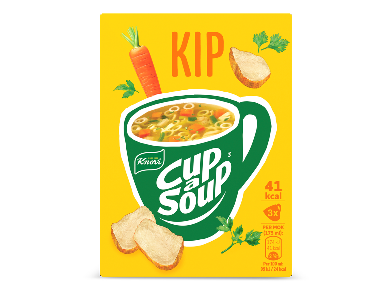 Kippensoep in een groene mok met wortel, kip en peterselie, 41 kcal.
