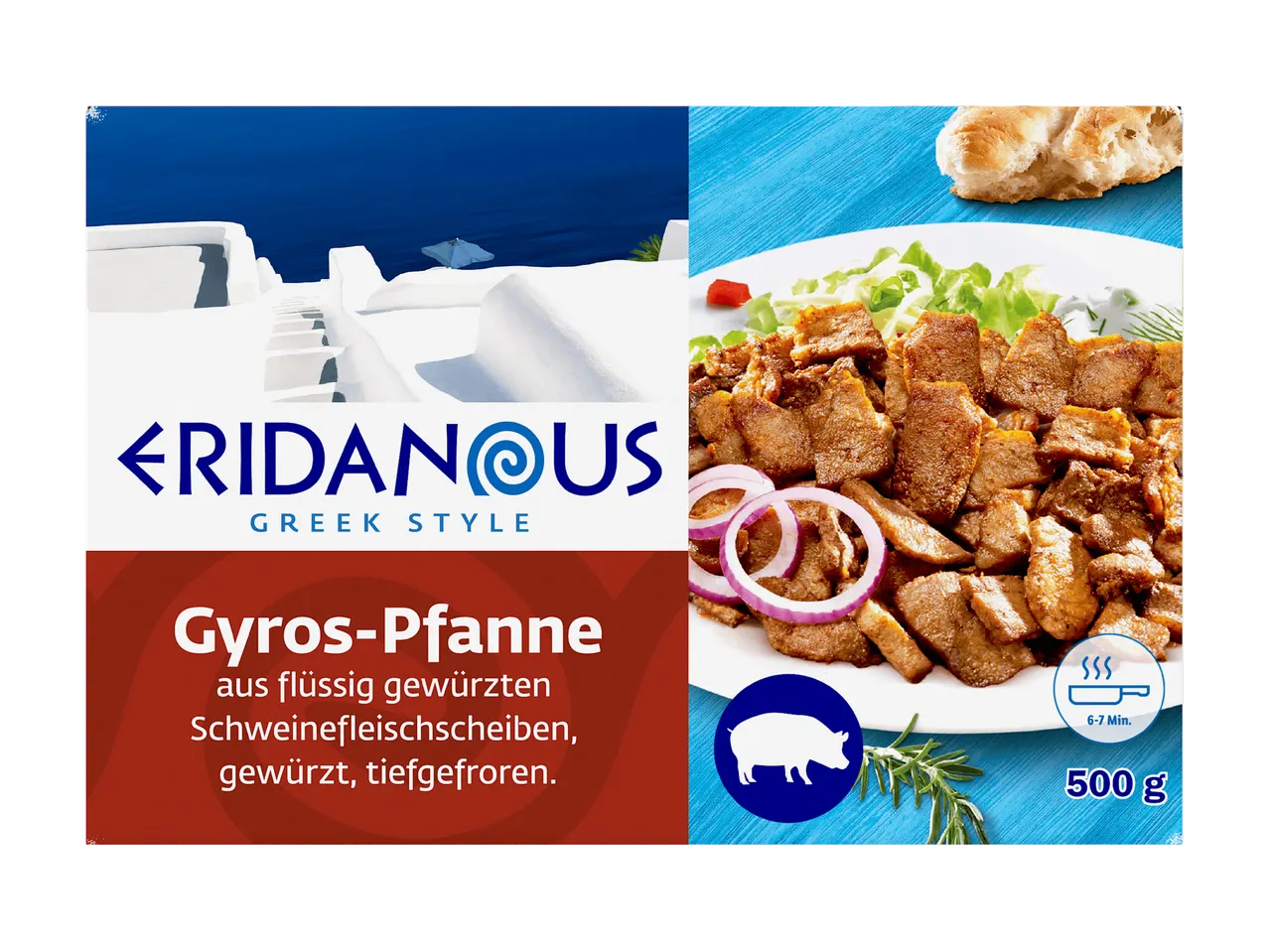 Verpackung für Gyros-Pfanne mit Schweinefleisch, gewürzt und tiefgefroren, 500g.