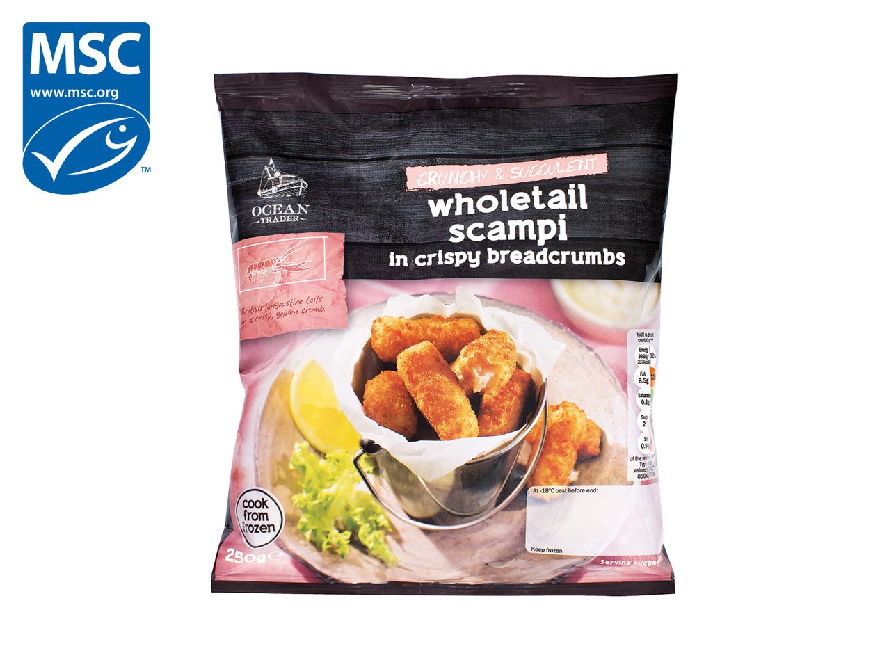 Ocean Trader wholetail scampi, frozen and breaded.