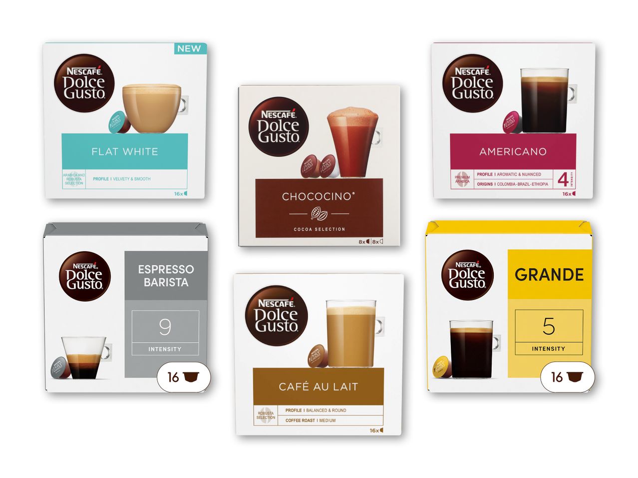 Seks pakker kaffekapsler, herunder Flat White, Chococino, Americano, Espresso Barista, Café au Lait og Grande.