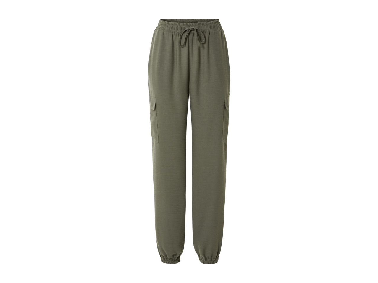 Olive green jogger pants with drawstring waist.