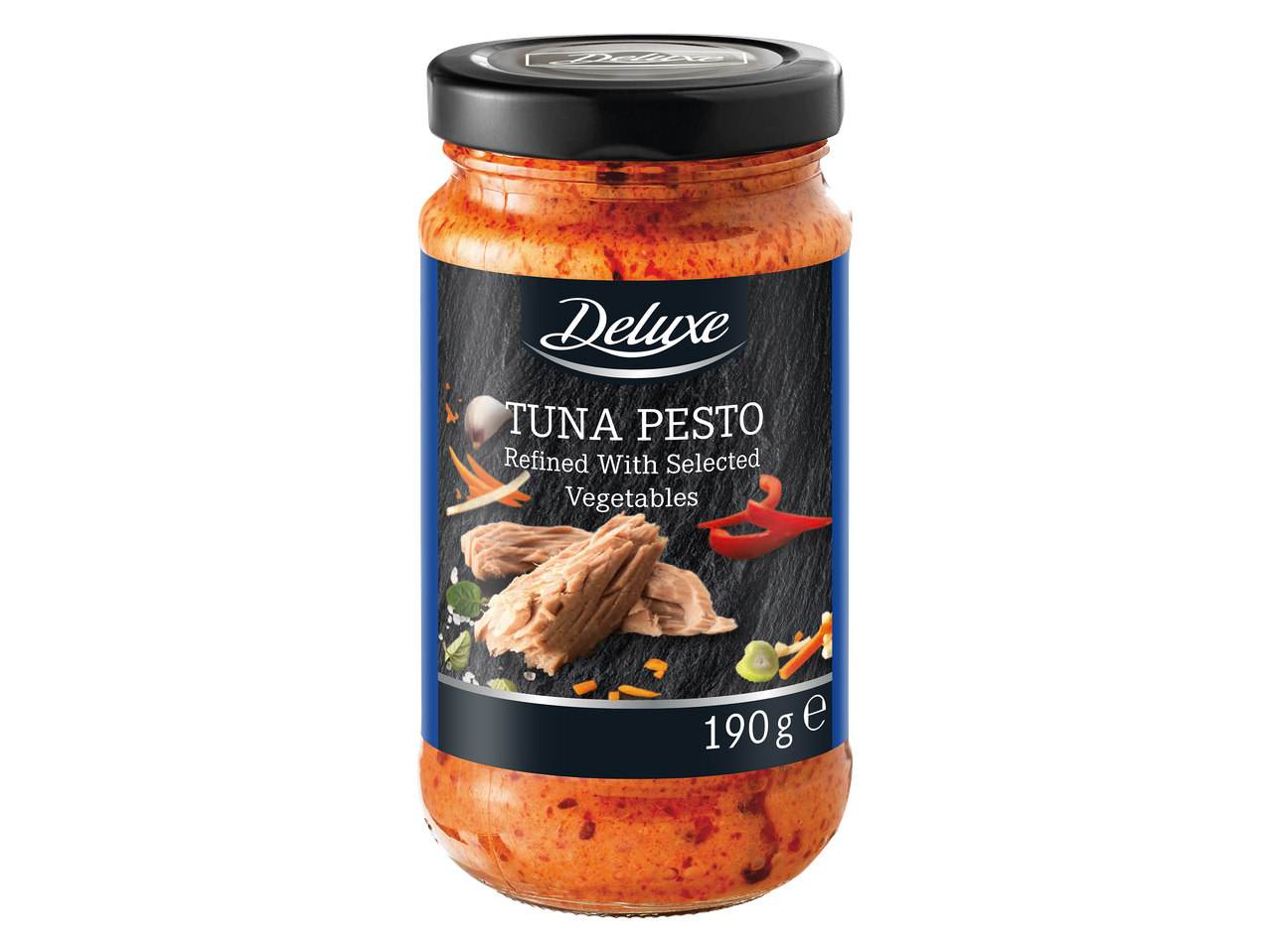Bocal de pesto de thon raffiné aux légumes, 190g.