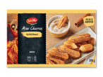 Pakke med frosne mini-churros med vaniljesmag, klar til ovn eller airfryer.