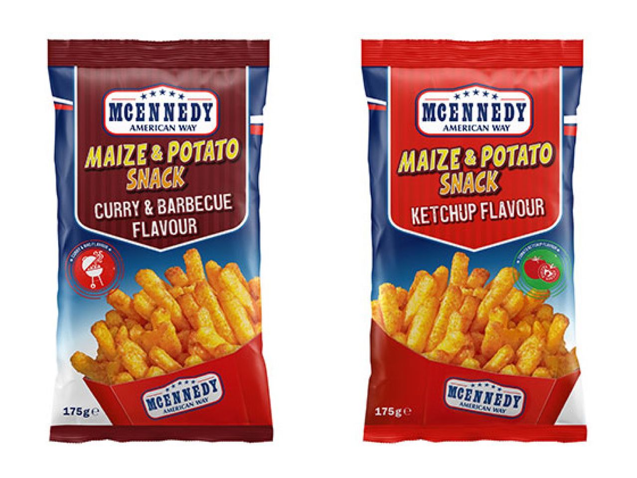 Two bags of maize and potato snacks: one curry & barbecue, one ketchup flavor.
