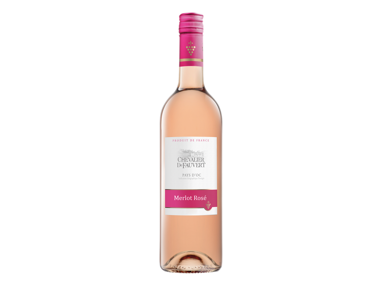 Bouteille de vin rosé Merlot avec étiquette blanche et rose sur fond noir.
