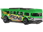 Hot Wheels green toy bus with 'Racing Academy' livery and black wheels.