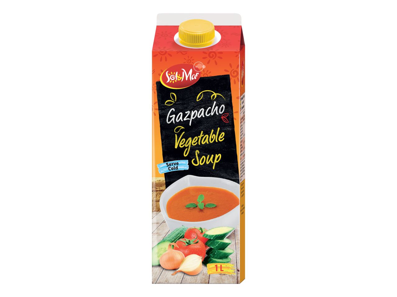 Kartonska embalaža juhe Sol & Mar Gazpacho z zelenjavo in skledo juhe.