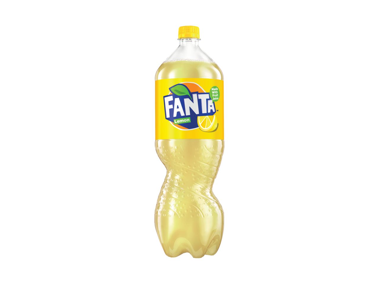 A Fanta Lemon soda bottle with a yellow label and a lemon slice graphic.
