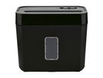 Black paper shredder with a clear window on the front, showing controls on top.