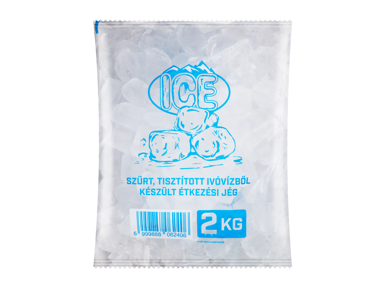 Szűrt, tisztított ivóvízből készült jégkocka, 2 kg-os kiszerelésben.