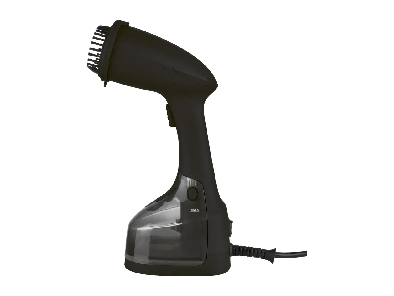 A black handheld garment steamer with a brush attachment.