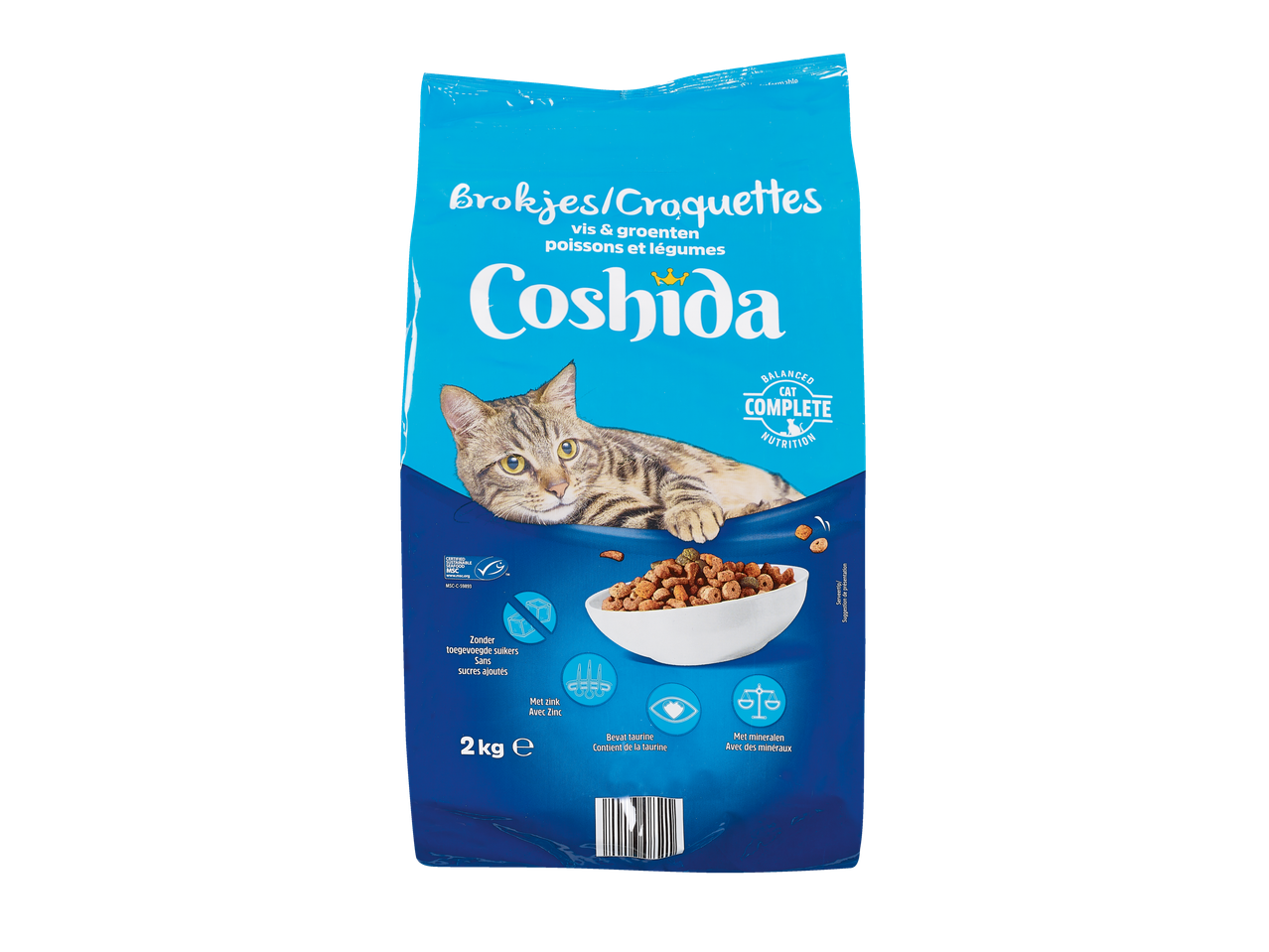 Sac de nourriture pour chat Coshida avec un chat, une gamelle de croquettes et des allégations nutritionnelles.
