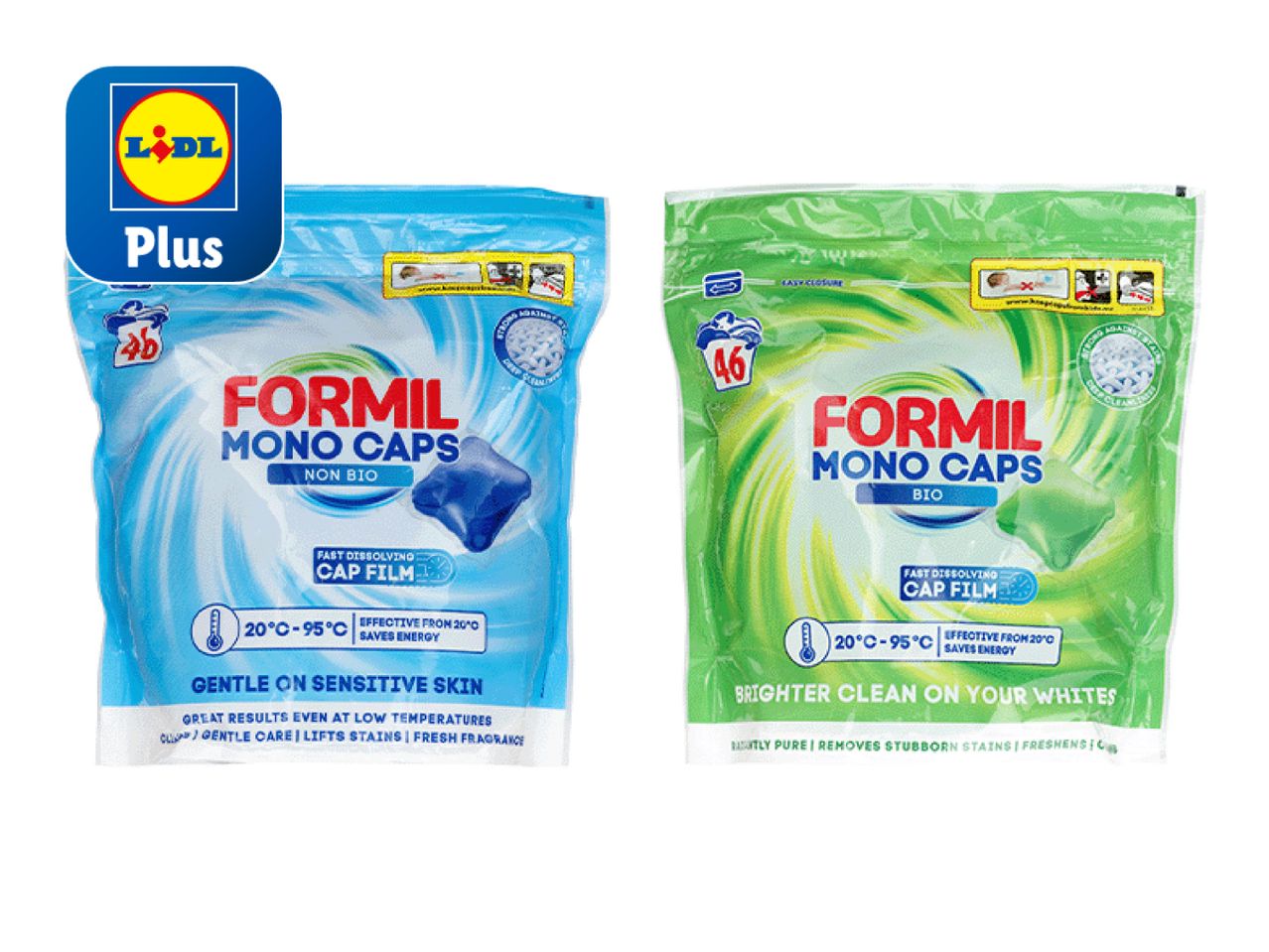 Two Formil laundry detergent pouches, one blue and one green, from Lidl's Plus range.