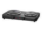 Black double hot plate with two cooking zones and control knobs.