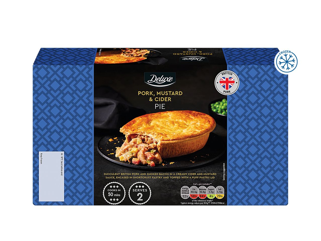 Frozen pork, mustard & cider pie with a puff pastry lid, cooks in 50 mins, serves 2.