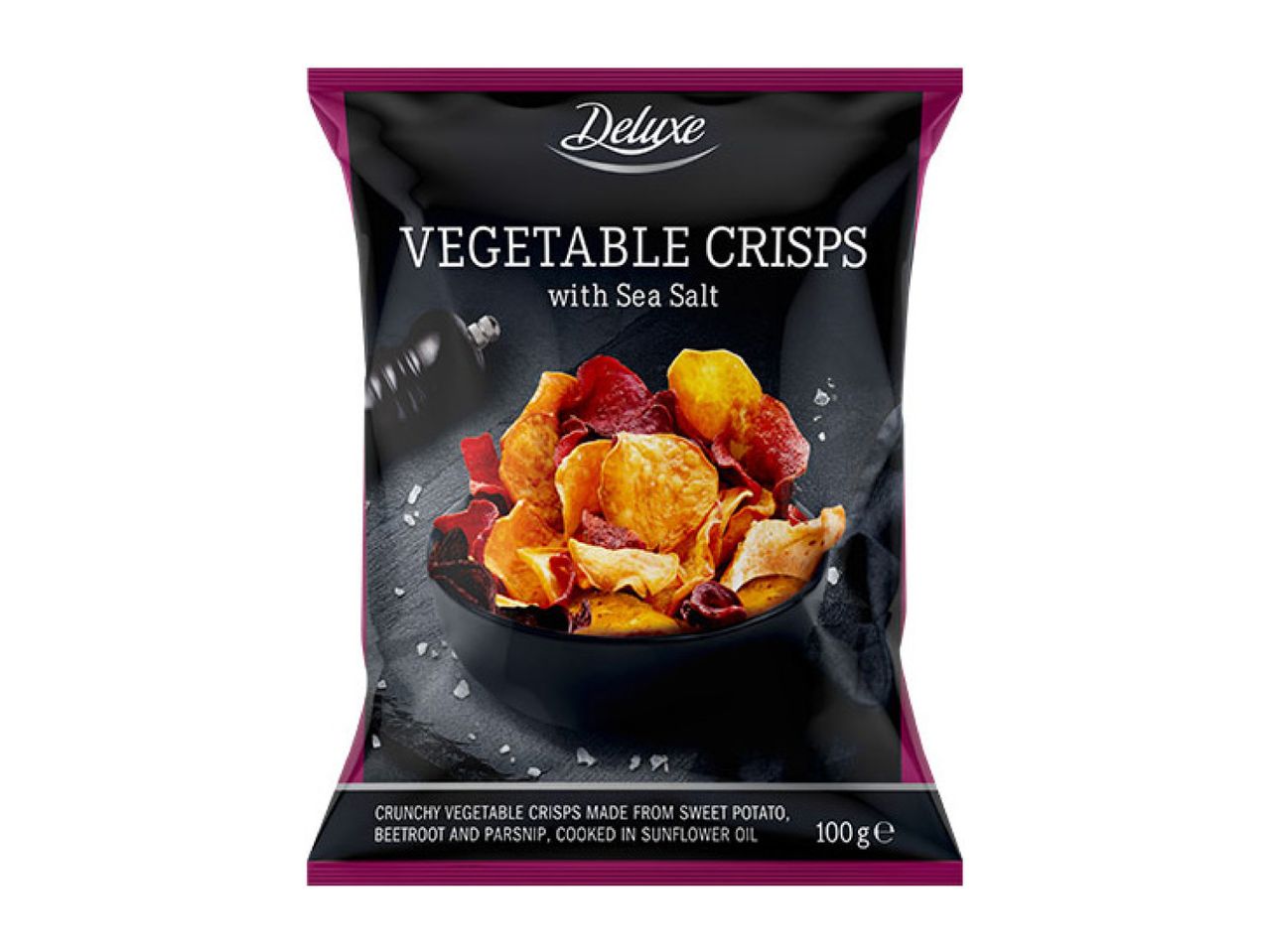 Packet of vegetable crisps with sea salt, made from sweet potato, beetroot, and parsnip.