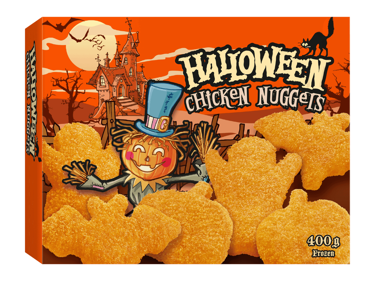 Halloween-kananugetit, joissa on kurpitsahahmo ja kummitustalo taustalla.