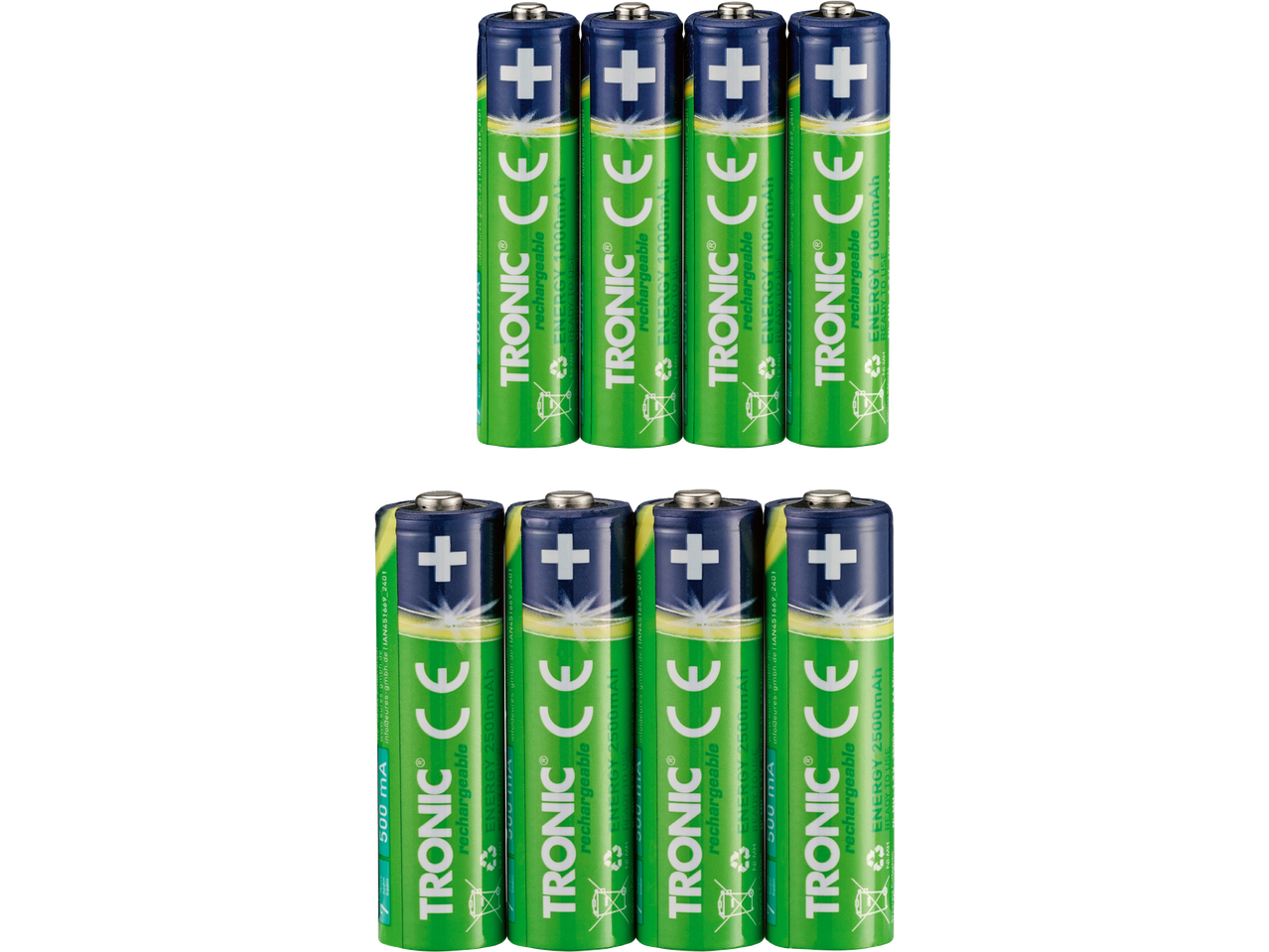 Tio laddningsbara TRONIC AA-batterier, gröna med blå detaljer.