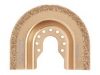 A gold-colored oscillating tool blade with a textured abrasive edge and mounting holes.