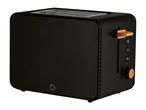 Black toaster with wooden accents and control panel on the side.