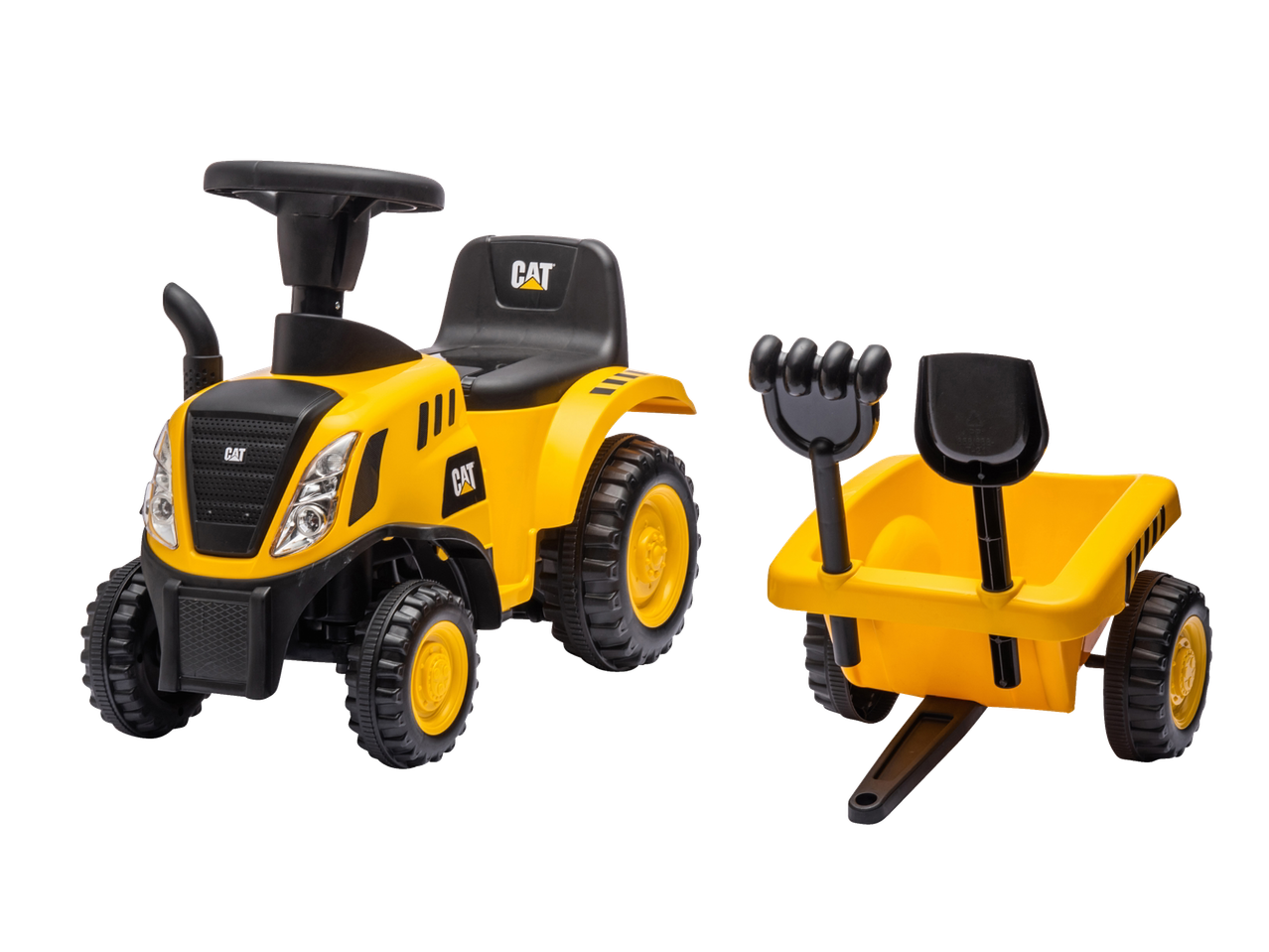 Yellow ride-on tractor with a black seat and a yellow trailer with black rake and shovel.