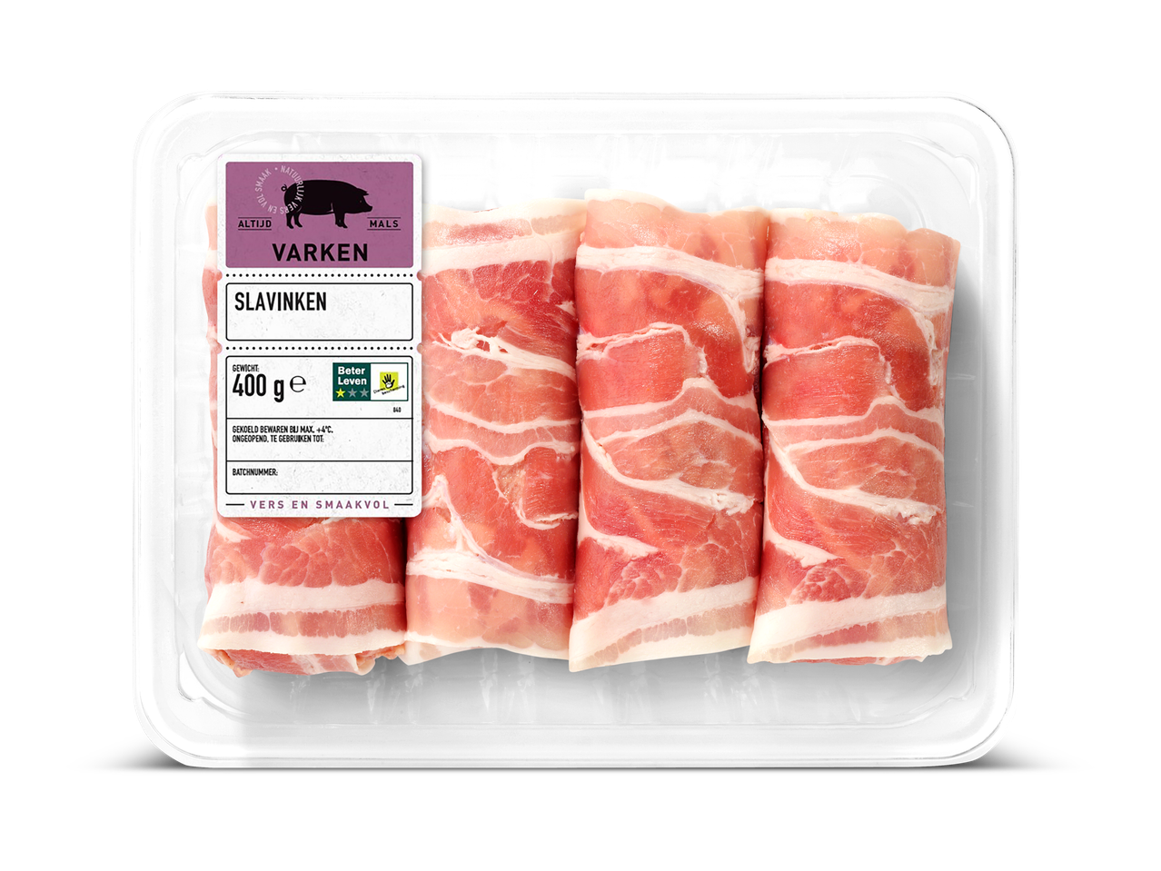 Verpakking met vier rauwe, opgerolde varkenslapjes omwikkeld met spek, met etiket