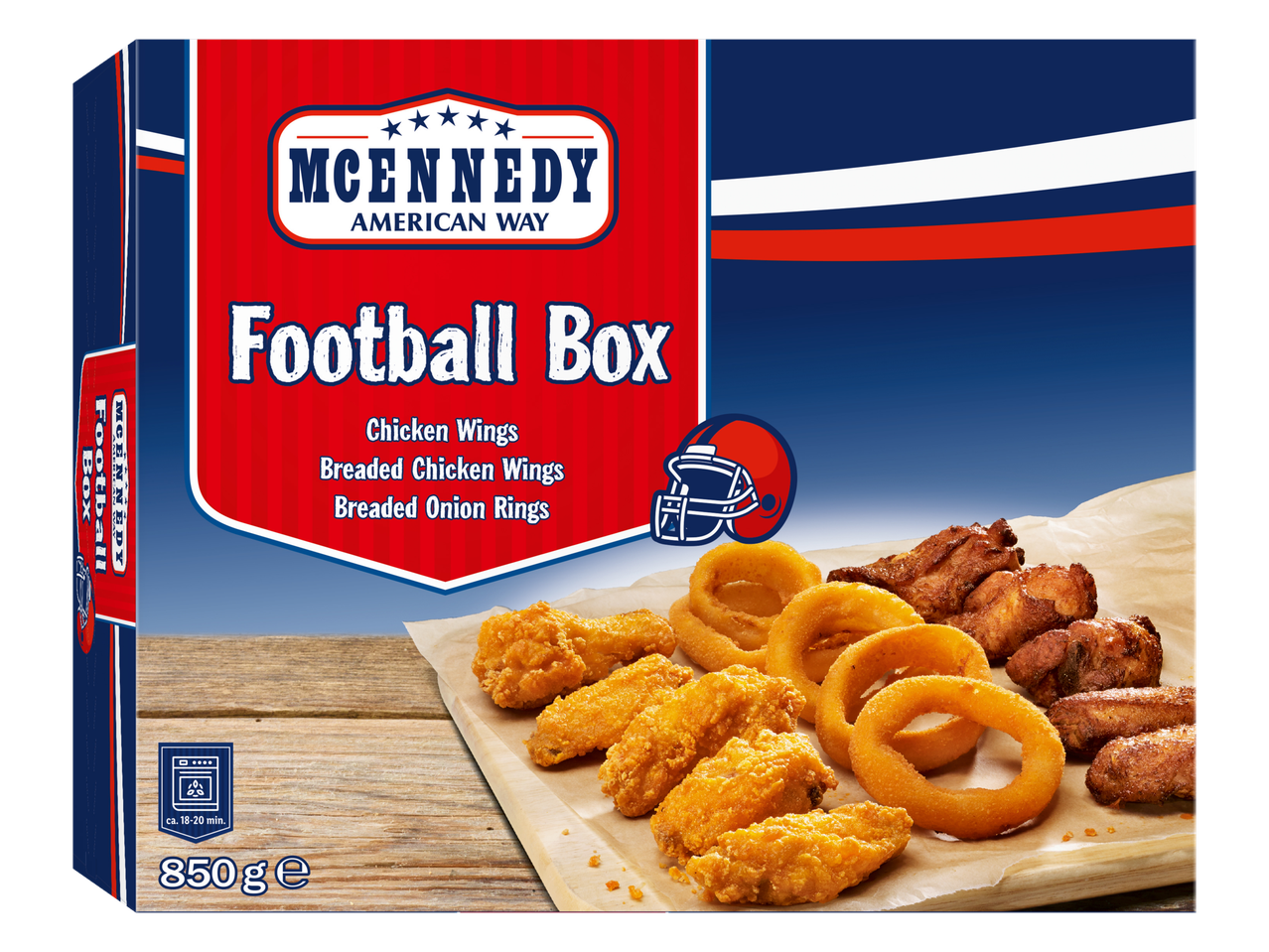 McEnnedy American Way Football Box with chicken wings, breaded chicken wings, and onion rings.