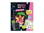 Scratch art kit for kids, fairy forest theme, with 5 scratch pictures, a scratch stick, and instructions.