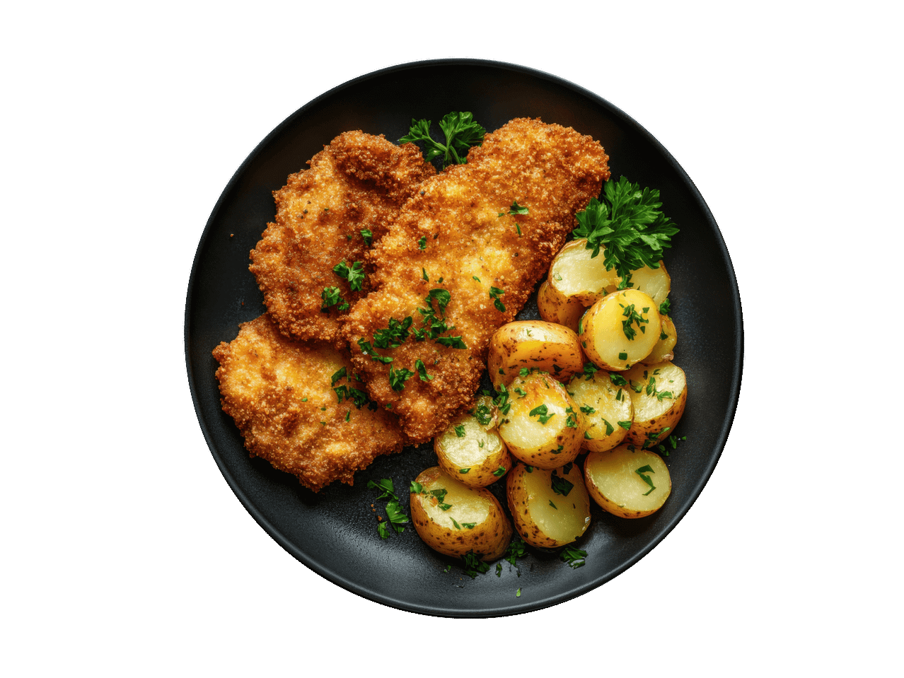 Knuspriges paniertes Schnitzel mit Petersilienkartoffeln auf einem schwarzen Teller.