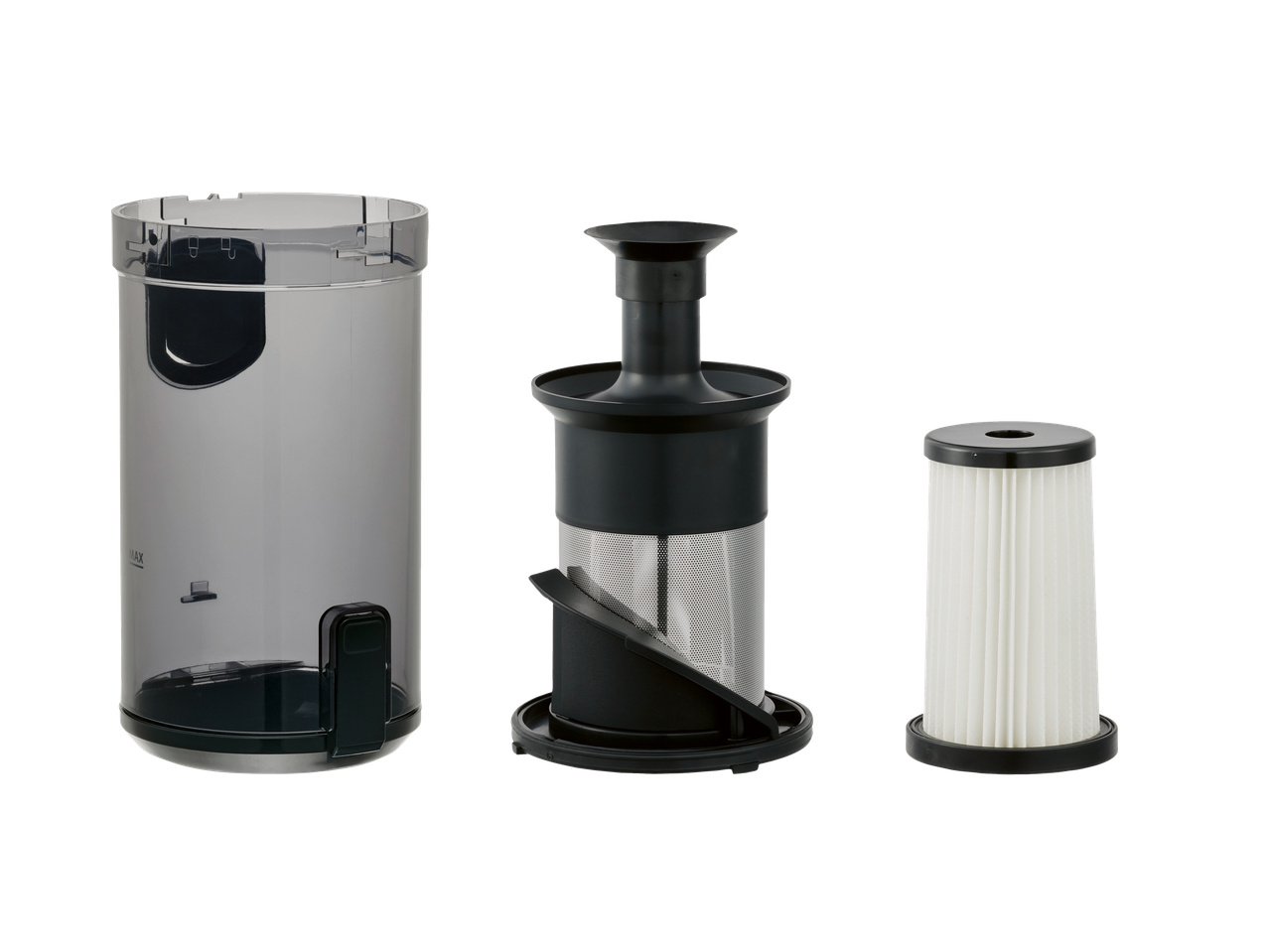 Silvercrest® 2 az 1-ben akkus álló porszívó: portartály, hálós szűrő és redős szűrő.