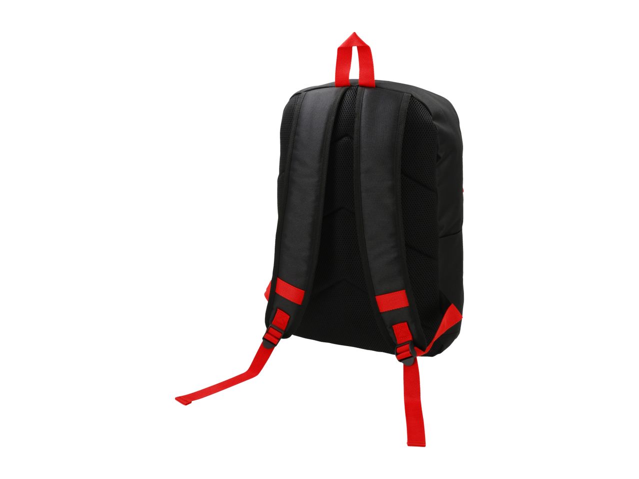 Black backpack with red straps and handle, viewed from the back.