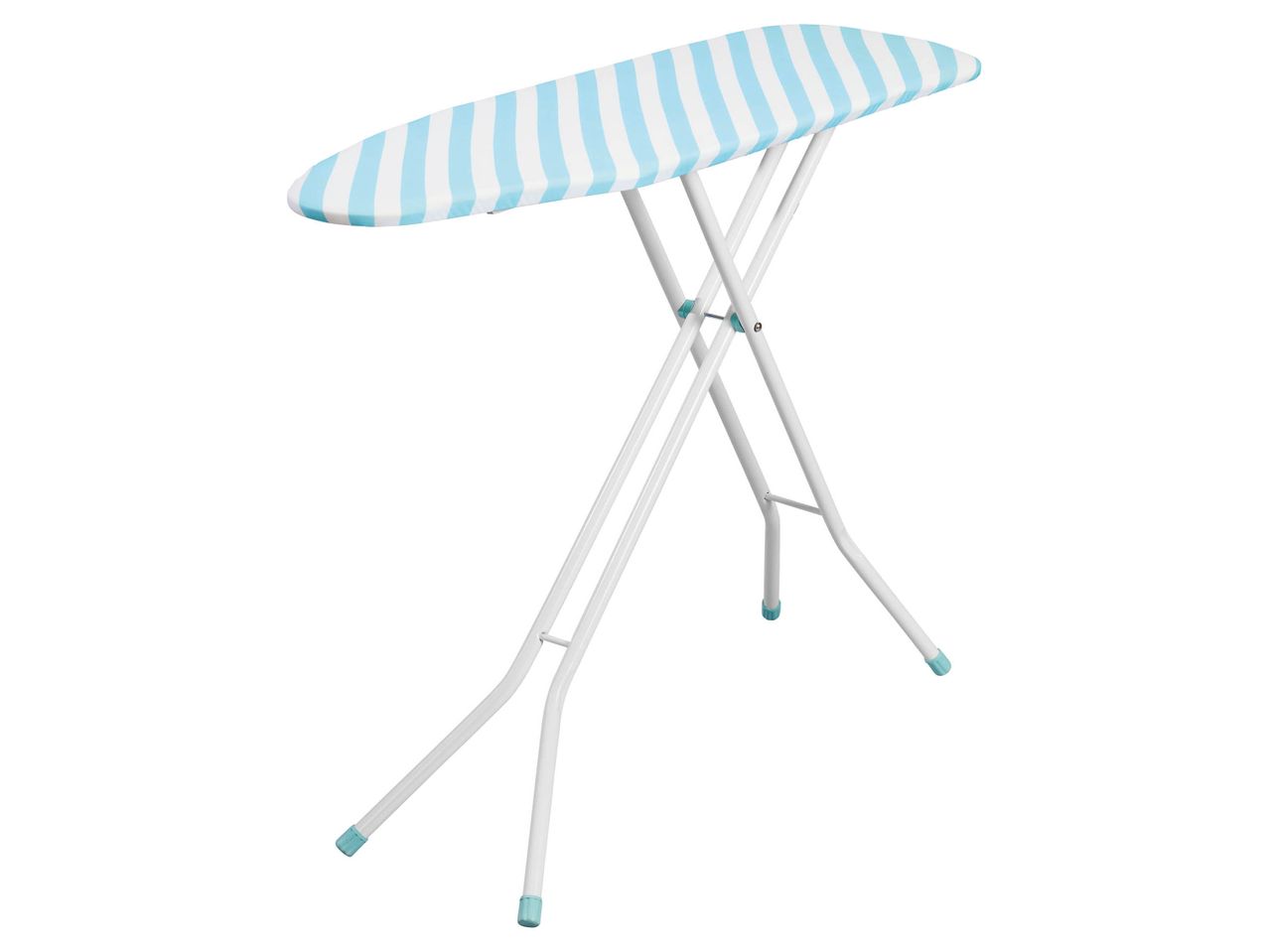 An ironing board with a blue and white striped cover.
