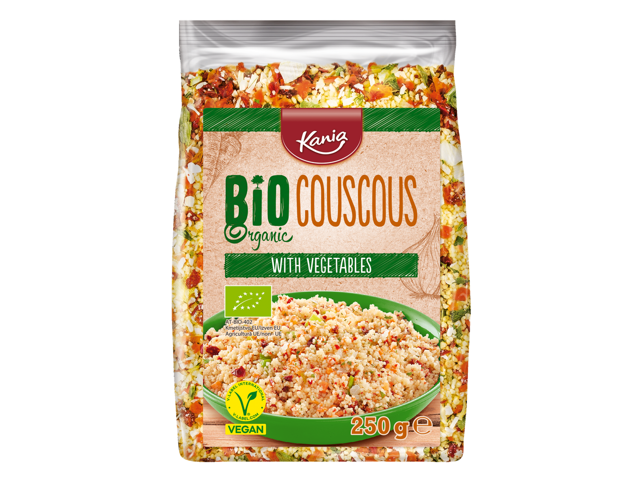 Kania Bio cușcuș cu legume, 250 g, vegan.