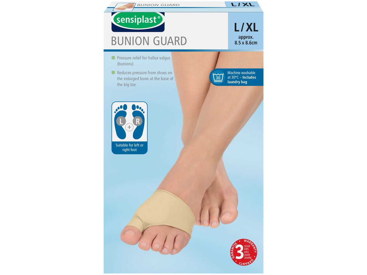 Sensiplast Bunion Guard for pressure relief, suitable for left or right foot.