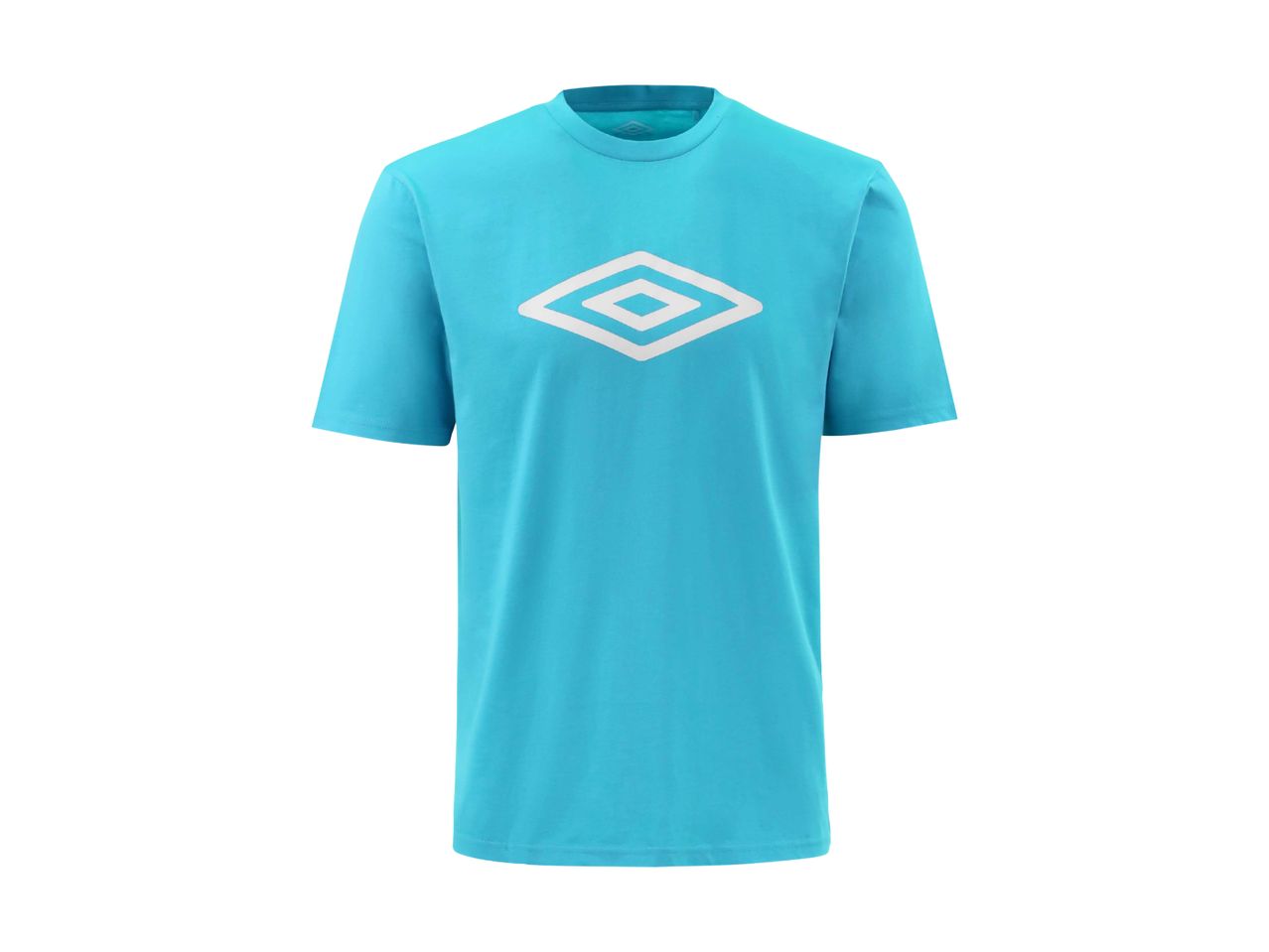 Turkisblå T-shirt med et hvidt diamantformet logo på brystet.
