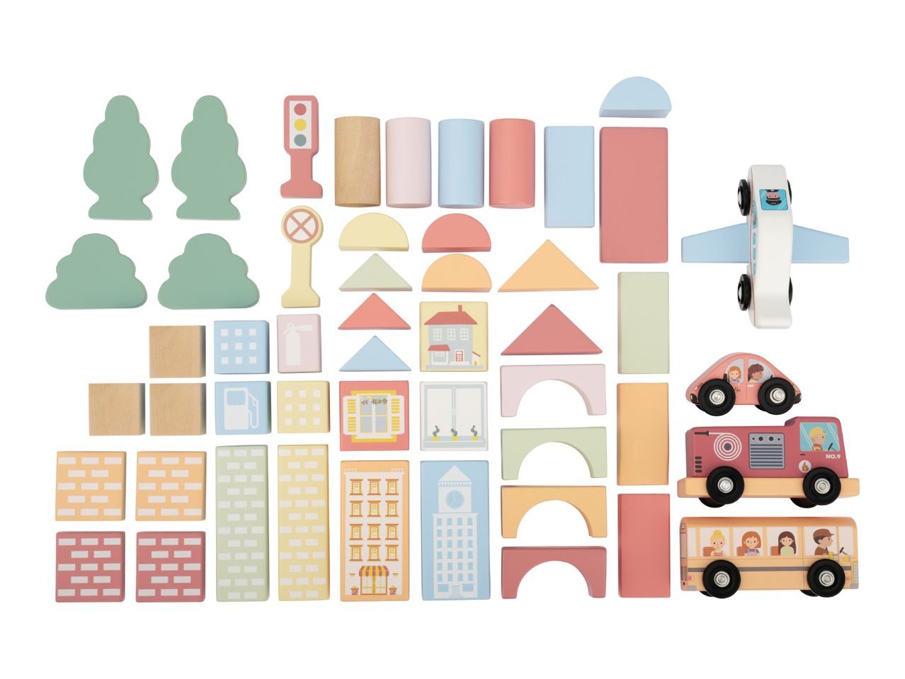 Pastel-colored wooden building blocks, including houses, vehicles, trees, and traffic signs.